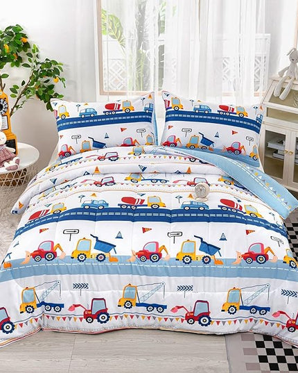 Axolotl Cartoon Cars Comforter Set Queen,Vehicle Bedding Set,Kids Excavator Comforter Set,Construction Bedding Equipment Trucks Comforter Sets for Kids Boys Girls Teens,1 Quilt 2 Pillowcases,Blue Red - LeafyLoom