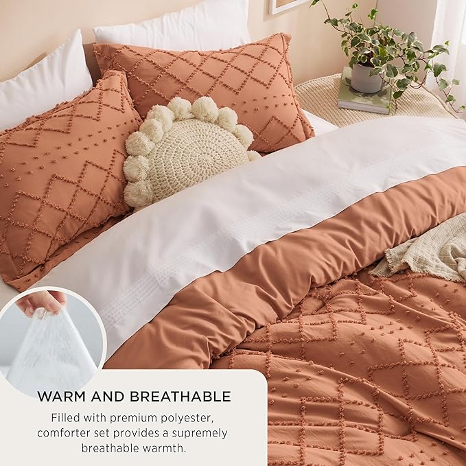 Bedsure King Size Comforter Set - Pumpkin Comforter, Boho Tufted Shabby Chic Bedding Comforter Set, 3 Pieces Vintage Farmhouse Bed Set for All Seasons, Fluffy Soft Bedding Set with 2 Pillow Shams - LeafyLoom