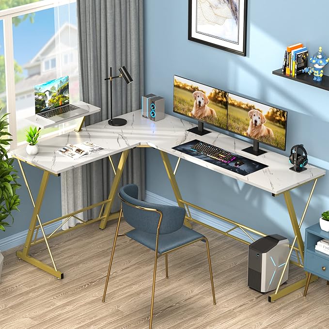 Mr IRONSTONE 63" L Shaped Gaming Desk, Corner Computer Desk, Home Office Writing Desk with Sturdy Monitor Shelf, Spacious L Shaped Desk Workstation, Easy to Assemble, Laminate Marble - LeafyLoom