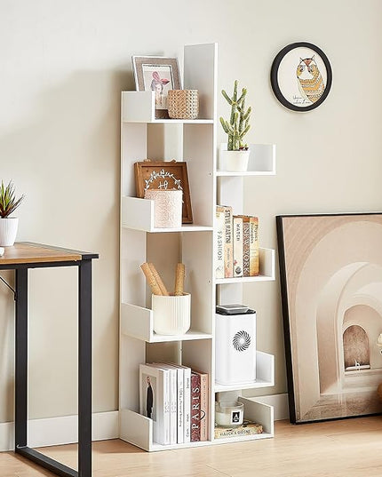 VECELO 8 Shelf Storage Tree Bookshelf,Wooden Book Display Shelves for CDs/Movies/Books, FreeStanding Geometric Tree-Shaped Bookcase Storgae Organizers for Home Office, Living Room,Bedroom,White - LeafyLoom