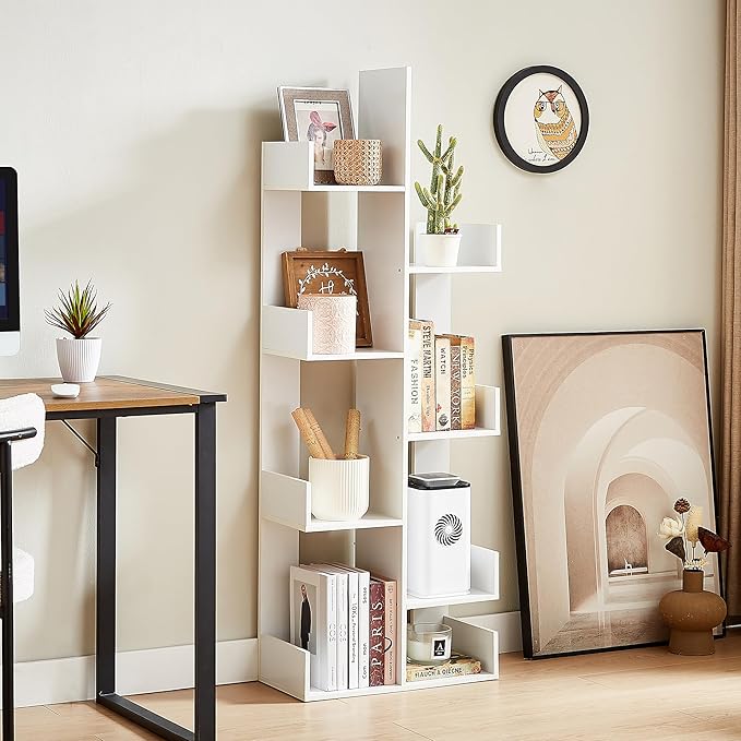 VECELO 8 Shelf Storage Tree Bookshelf,Wooden Book Display Shelves for CDs/Movies/Books, FreeStanding Geometric Tree-Shaped Bookcase Storgae Organizers for Home Office, Living Room,Bedroom,White - LeafyLoom