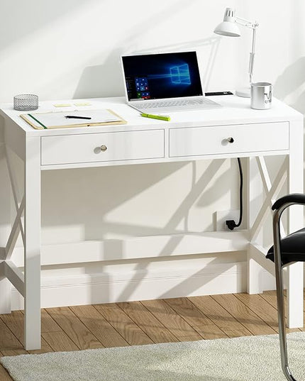 ChooChoo Computer Desk with USB Charging Ports and Power Outlets, 39" White Desk with Drawers, Small Study Writing Table with Stable X Frame for Home Office - LeafyLoom