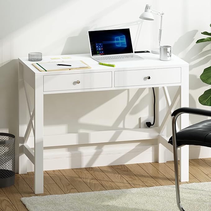 ChooChoo Computer Desk with USB Charging Ports and Power Outlets, 39" White Desk with Drawers, Small Study Writing Table with Stable X Frame for Home Office - LeafyLoom
