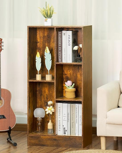 LEYAOYAO 5 Cube Mid-Century Modern Brown Wood Bookcase, 3 Tier Storage Organizer Shelf, Rustic Display Cabinet for Bedroom, Living Room, Office - LeafyLoom