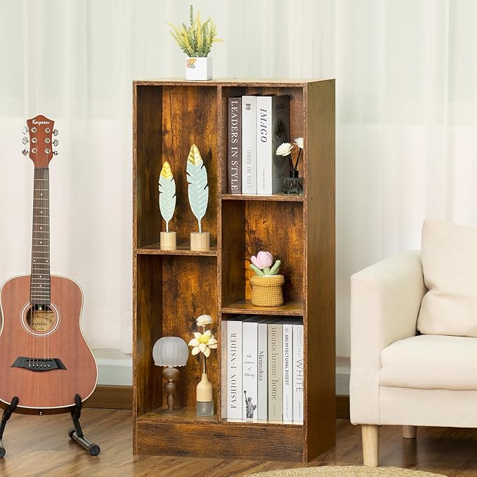LEYAOYAO 5 Cube Mid-Century Modern Brown Wood Bookcase, 3 Tier Storage Organizer Shelf, Rustic Display Cabinet for Bedroom, Living Room, Office - LeafyLoom