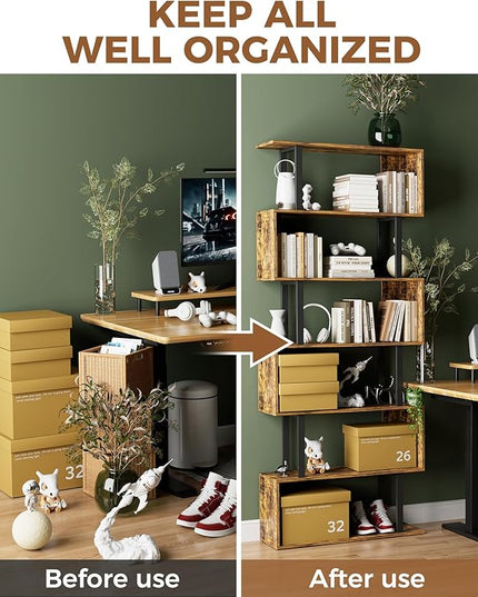 Gadroad 6 Tier Geometric Bookcase,S Shaped Bookshelf, Wood Decorative Storage Shelving, Modern Freestanding Display Shelves, Tall Book Shelf Unit for Living Room Bedroom, Rustic Brown - LeafyLoom