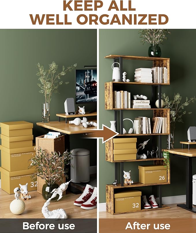 Gadroad 6 Tier Geometric Bookcase,S Shaped Bookshelf, Wood Decorative Storage Shelving, Modern Freestanding Display Shelves, Tall Book Shelf Unit for Living Room Bedroom, Rustic Brown - LeafyLoom