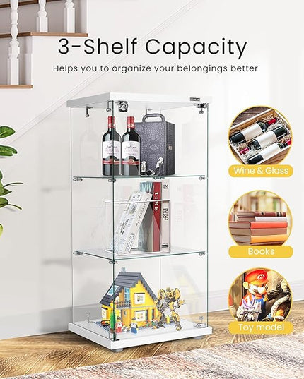 VIVOHOME 3 Layers 16''W x 16''D x 34''H Display Cabinet Showcase Countertop with Lock, 4mm Tempered Glass 25mm MDF Base - LeafyLoom