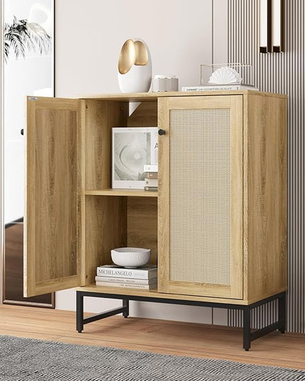 Sideboard Buffet Cabinet, Storage Cabinet with Double Rattan Doors, Modern Rattan Sideboard Cabinet, Kitchen Storage Cabinet with Metal Feet, for Entryway, Bedroom, Living Room (Natural Wood) - LeafyLoom