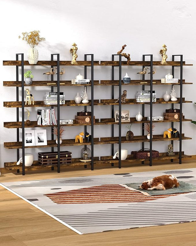 Bookshelf, 82.7" Double Wide 6 Tier Industrial Wooden Bookcase Large Wall Etagere Rustic Vintage Tall Book Shelf with Metal Frame Open Storage Rack for Living Room Home Office - LeafyLoom