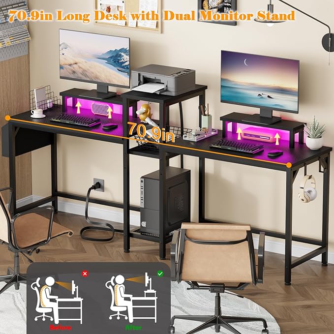 Furologee 71" Gaming Desk with LED Lights, Two Person Computer Desk with Storage Shelves and Monitor Stand, Double Large Office Desk with Cloth Bag and Hooks for Home Office, Black (NO Power Outlets) - LeafyLoom