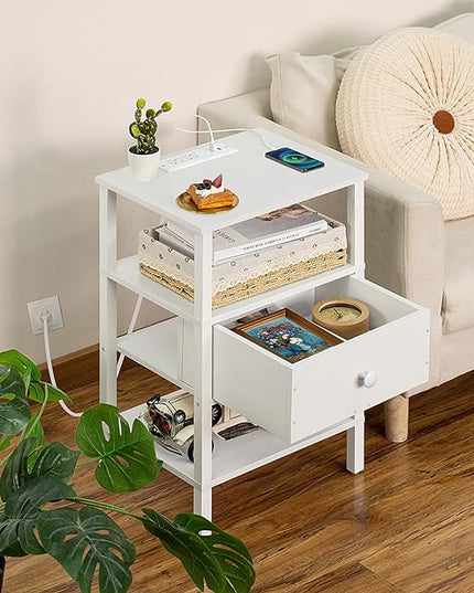 Lerliuo Nightstand with Charging Station and USB Ports, 3-Tier Storage End Table with Drawer Shelf, Night Stand for Small Spaces, Wood Bedside Table for Living Room, Bedroom - Elegant White - LeafyLoom