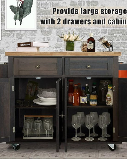 NSdirect Kitchen Island Cart,Kitchen Bar&Serving Cart Rolling on Wheels with Spice Rack Towel Holder Utility Storage Trolley with Storage Drawers for Home Hotel Kitchen Dinning Room (Dark Brown) - LeafyLoom