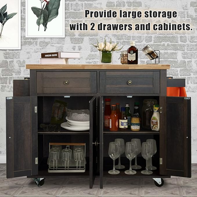 NSdirect Kitchen Island Cart,Kitchen Bar&Serving Cart Rolling on Wheels with Spice Rack Towel Holder Utility Storage Trolley with Storage Drawers for Home Hotel Kitchen Dinning Room (Dark Brown) - LeafyLoom
