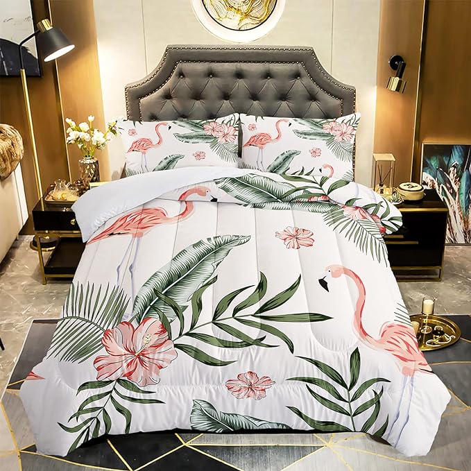 Flamingo Comforter Set Twin Size Tropical Flamingo Palm Tree Leaf Pattern Bedding Set Flower Quilted Duvet for Kids Girls Boys Adult with 1 Comforter and 2 Pillowcases - LeafyLoom