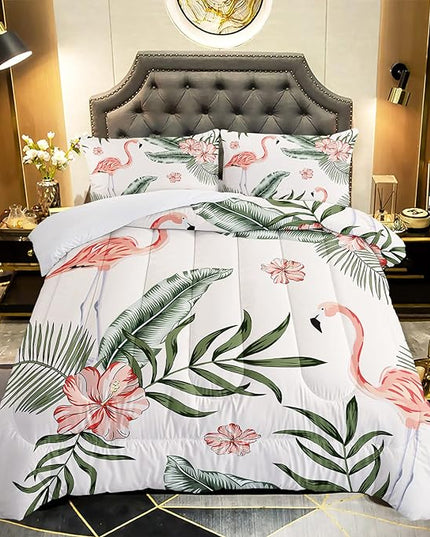 Flamingo Comforter Set Queen Size Tropical Flamingo Palm Tree Leaf Pattern Bedding Set Flower Quilted Duvet for Kids Girls Boys Adult with 1 Comforter and 2 Pillowcases - LeafyLoom