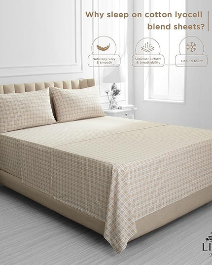 Linen Home Cotton Lyocell Blend Percale Printed Sheet Set, Pre-Washed & Shrunk, Cooling Bed Sheets, King Size, 4 Pieces - 1 Flat, 1 Deep Pocket Fitted Sheet, 2 Pillowcases, Checks Yellow - LeafyLoom