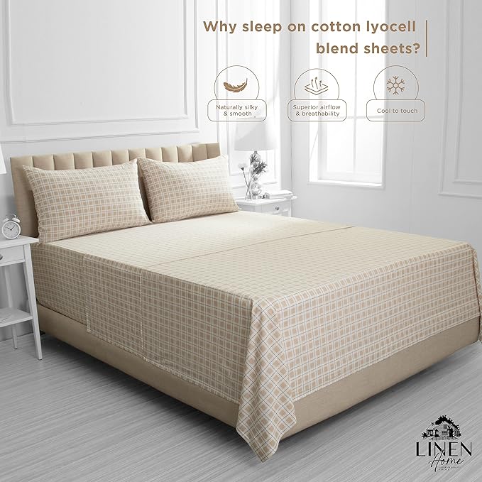Linen Home Cotton Lyocell Blend Percale Printed Sheet Set, Pre-Washed & Shrunk, Cooling Bed Sheets, King Size, 4 Pieces - 1 Flat, 1 Deep Pocket Fitted Sheet, 2 Pillowcases, Checks Yellow - LeafyLoom