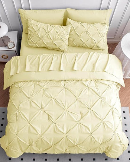 LANE LINEN Queen Comforter Set – 7 Piece Bed in a Bag – Pinch Pleated Queen Size Bedding Set with Comforter, Flat Sheet, Fitted Sheet, 2 Pillowcases & 2 Shams – Soft Pintuck Bed Set – Vanilla - LeafyLoom