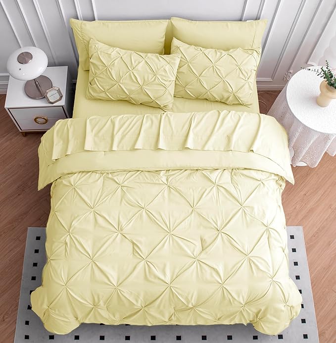 LANE LINEN Queen Comforter Set – 7 Piece Bed in a Bag – Pinch Pleated Queen Size Bedding Set with Comforter, Flat Sheet, Fitted Sheet, 2 Pillowcases & 2 Shams – Soft Pintuck Bed Set – Vanilla - LeafyLoom