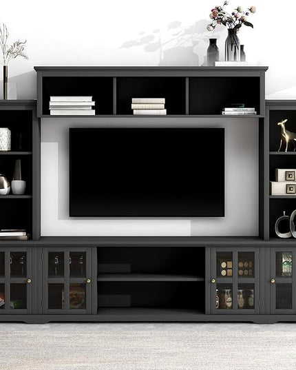 103Inch Entertainment Wall Unit with Bridge, Stand Media Console Table for TVs Up to 75" with Adjustable Shelves, Ample Storage Space for Living Room, Black - LeafyLoom