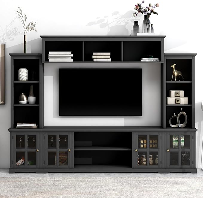 103Inch Entertainment Wall Unit with Bridge, Stand Media Console Table for TVs Up to 75" with Adjustable Shelves, Ample Storage Space for Living Room, Black - LeafyLoom