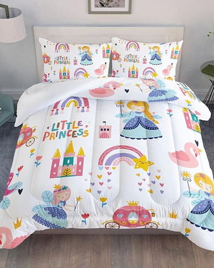 Datura home Girls Bedding Comforter Set Little Princess and Rainbow Castle Printed Pattern Quilt Bedding Set with 1 Comforter and 2 Pillowcases for Girls Bedroom All Season(Princess Twin) - LeafyLoom