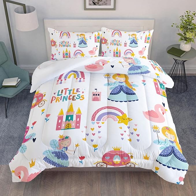 Datura home Girls Bedding Comforter Set Little Princess and Rainbow Castle Printed Pattern Quilt Bedding Set with 1 Comforter and 2 Pillowcases for Girls Bedroom All Season(Princess Full)80x90in - LeafyLoom