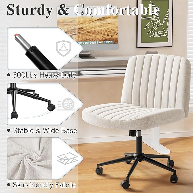 Criss Cross Legged Chair with Wheels, Armless Swivel Wide Padded Height Adjustable Fabric Home Office, Beige - LeafyLoom