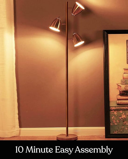 Brightech Jacob LED Standing Lamp, Modern Bright Floor Lamps for Living Rooms & Bedrooms, Tall LED Lighting Lamp with Adjustable 3 Light Tree – Antique Brass/Gold - LeafyLoom