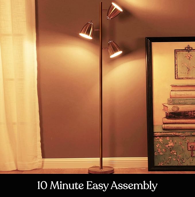 Brightech Jacob LED Standing Lamp, Modern Bright Floor Lamps for Living Rooms & Bedrooms, Tall LED Lighting Lamp with Adjustable 3 Light Tree – Antique Brass/Gold - LeafyLoom