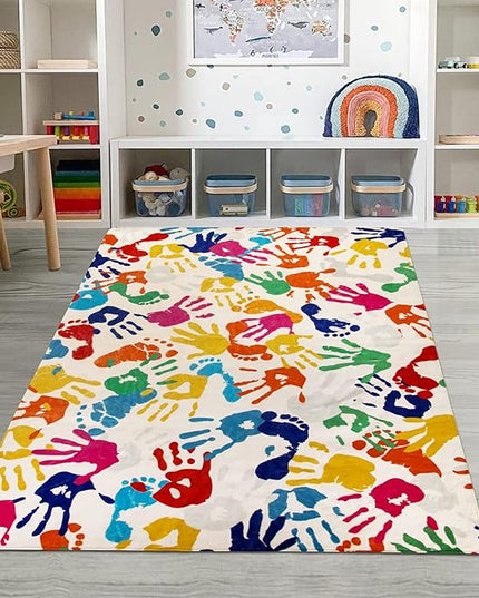 Handprints and Footprints Large Kids Rug 5'x7', Washable Colorful Area Rug for Nursery Room, Non-Slip Play Mat Ultra Soft Indoor Carpet for Bedroom Playroom Classroom - LeafyLoom