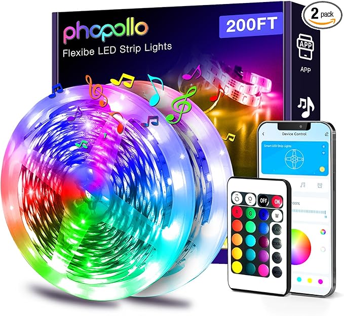 phopollo LED Lights for Bedroom 200ft, Music Sync Color Changing, Smart App Control with Remote, Ultra-Long LED Strip Lights for Party, Home Decoration. Phopollo