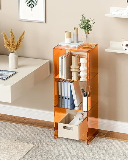 Acrylic Bookcase, 3 Tier Clear Floor Standing Bookshelf, 31.5 inch Tall Display Cube Storage Shelf Home Decor Furniture for Home, Office, Living Room, Bedroom - Transparent Orange - LeafyLoom