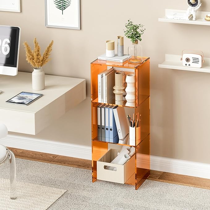 Acrylic Bookcase, 3 Tier Clear Floor Standing Bookshelf, 31.5 inch Tall Display Cube Storage Shelf Home Decor Furniture for Home, Office, Living Room, Bedroom - Transparent Orange - LeafyLoom