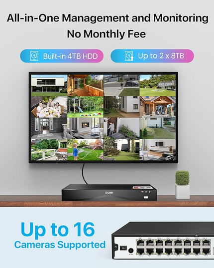 ZOSI 16CH 4K PoE Security Camera System with 4TB HDD,8pcs 8MP 4K PoE Cameras Outdoor Indoor,Person Vehicle Detection,Two-Way Talk,Spotlight Siren Alarm,Color Night Vision,8MP NVR for 24/7 Recording ZOSI