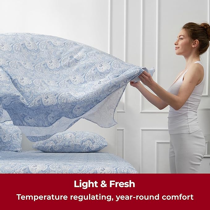 Mellanni Queen Sheets Set - 4 PC Iconic Collection Bedding Sheets & Pillowcases - Hotel Luxury, Extra Soft, Cooling Bed Sheets - Deep Pocket up to 16 inch (Queen, Paisley Blue) - LeafyLoom