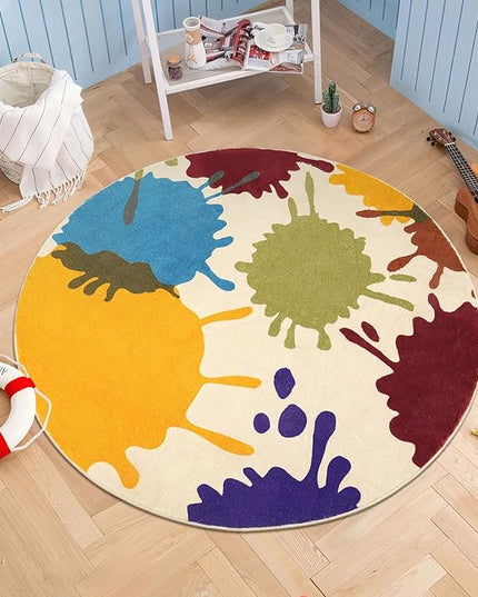 Art Round Rug for Playroom, 4'x4' Colorful Kids Rug for Nursery, Non-Slip Small Circle Rug for Kids Room, Machine Washable Bedroom Rug Soft Circular Office Carpet for Preschool Dorm - LeafyLoom