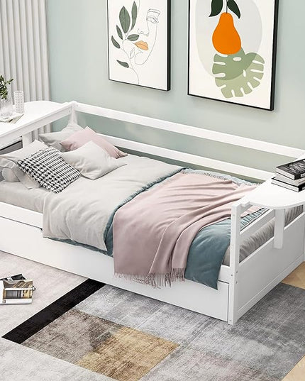 Merax Modern Wood Daybed with Twin Size Trundle and Two Foldable Shelves, Multifunction Sofa Bed Frame for Family, Kids, Teens, No Box Spring Needed, White - LeafyLoom