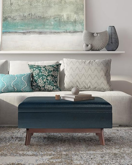 SIMPLIHOME Owen 36 inch Wide Rectangle Small Rectangular Storage Ottoman in Distressed Dark Blue Faux leather, for the Living Room, Family Room and Entryway - LeafyLoom