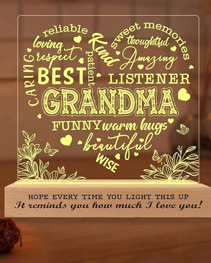Grandma Gifts from Grandkids, Grandma Night Light, to My Grandma Lamp, Mothers Day Birthday Christmas Gifts for Grandma, Grandmother, Lamp with Wooden Base for Women, Gifts Bedroom Décor - LeafyLoom