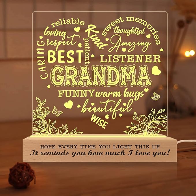 Grandma Gifts from Grandkids, Grandma Night Light, to My Grandma Lamp, Mothers Day Birthday Christmas Gifts for Grandma, Grandmother, Lamp with Wooden Base for Women, Gifts Bedroom Décor - LeafyLoom