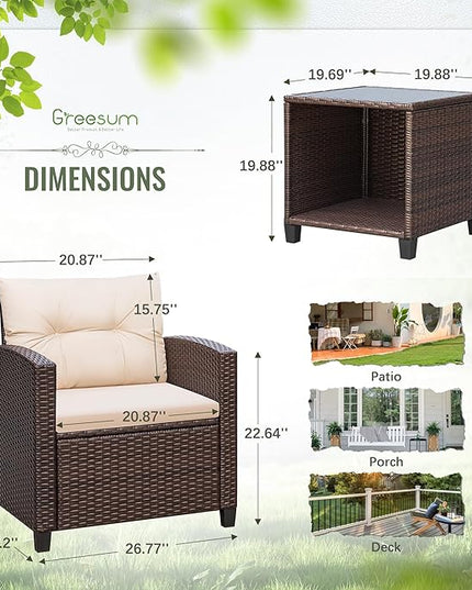 Greesum 3 Pieces Patio Furniture Sets Outdoor PE Rattan Wicker Chairs with Soft Cushion and Glass Coffee Table for Garden Backyard Porch Poolside, Beige - LeafyLoom
