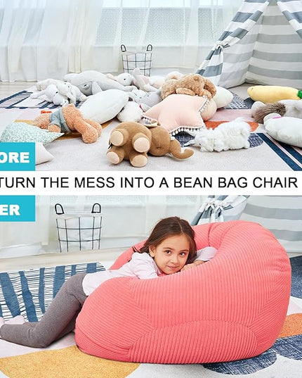 Stuffed Animal Storage Bean Bag Chair Cover for Kids, 38" Beanbag Chairs Cover Plush Toys Organizer Super Soft Corduroy with Handle and Zipper for Boys and Girls - Pink - LeafyLoom