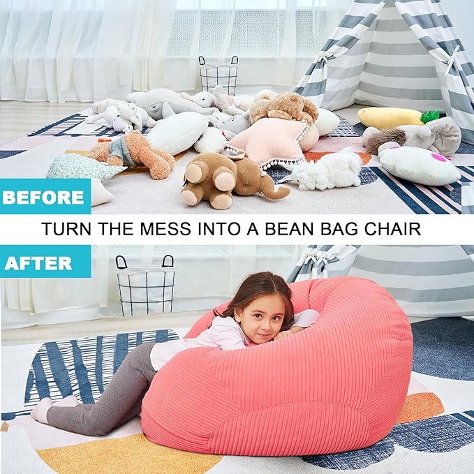 Stuffed Animal Storage Bean Bag Chair Cover for Kids, 38" Beanbag Chairs Cover Plush Toys Organizer Super Soft Corduroy with Handle and Zipper for Boys and Girls - Pink - LeafyLoom