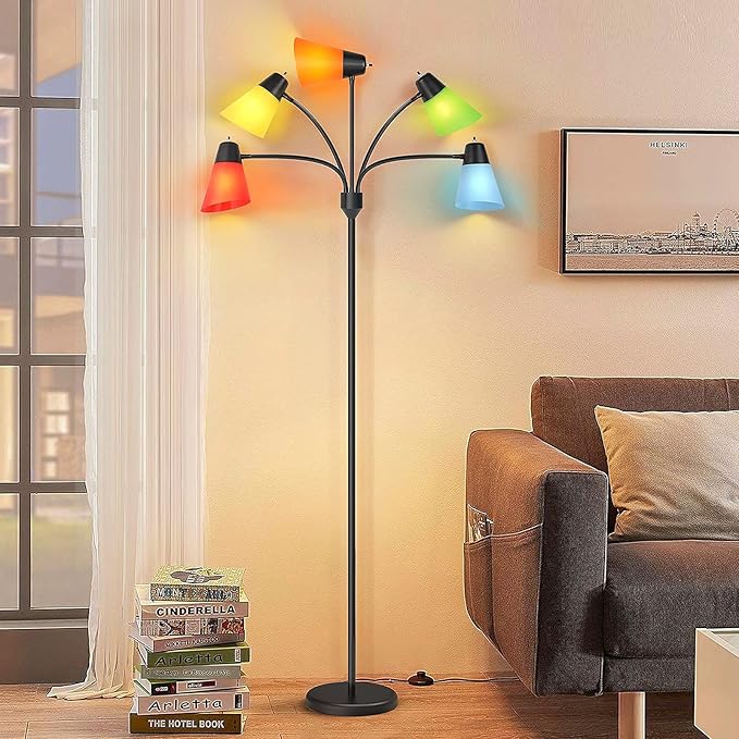 FOLKSMATE LED Floor Lamp, Medusa Multi Head Modern Tall, Rustic Adjustable Gooseneck Reading Standing Light for Living/Kids Room, Bedroom, Black - LeafyLoom