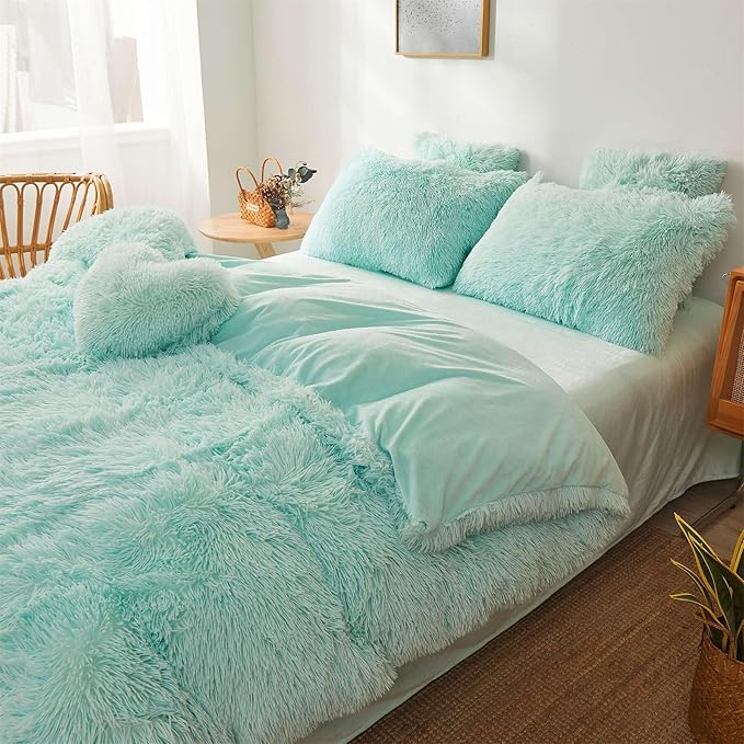 Fluffy mint green comforters Cover twin size - Ultra Soft Plush bedding Sets 2 Pieces (1 faux fur comforter Cover + 1 fuzzy pillow case) girls shaggy green twin bed set (Mint Green, Twin) - LeafyLoom