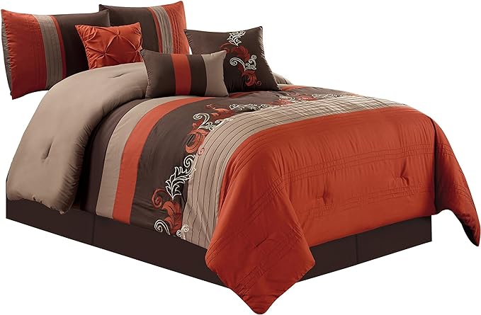 Chezmoi Collection Napa 7-Piece Luxury Autumn Leaves Scroll Embroidery Bedding Comforter Set (California King, Rust Orange/Brown/Taupe) - LeafyLoom
