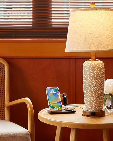 Touch Lamps for Bedrooms Set of 2, 26'' Farmhouse Table Lamps for Living Room Boho Bedside Lamp with Dual USB Charging Ports, 3-Way Dimmable Coastal Nightstand Lamp with White Fabric (Bulb Included) - LeafyLoom