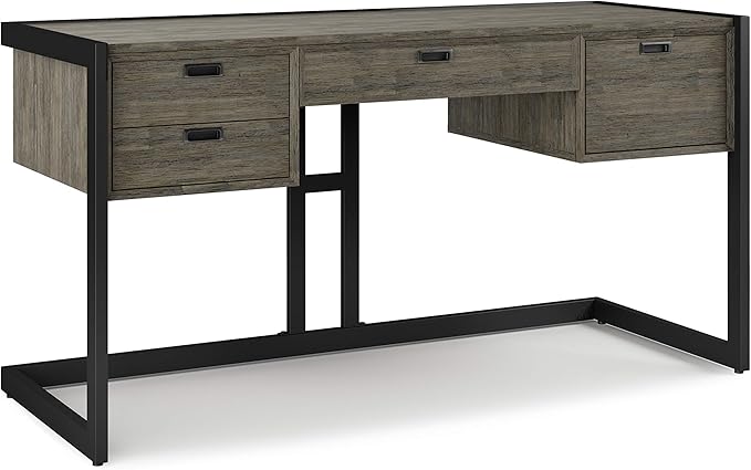 SIMPLIHOME Hampden SOLID ACACIA WOOD Modern Industrial 60 Inch Wide Desk in Weathered Grey, For the Office Desk, Writing Table, Workstation and Study Table - LeafyLoom
